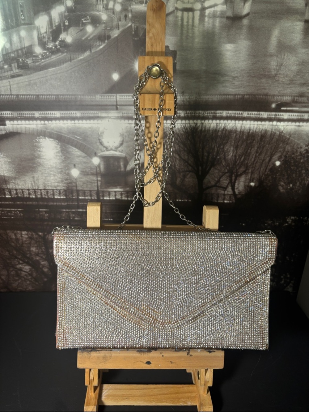 Lulu Townsend Silver Crystal Envelope Clutch with Chain